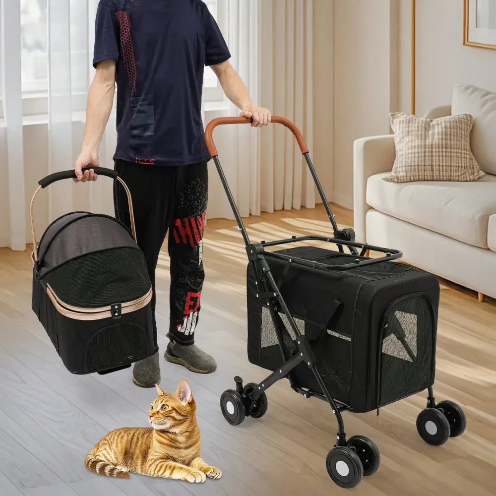 Pet Stroller With 2 Detachable Carrier Bags And Lockable Wheels
