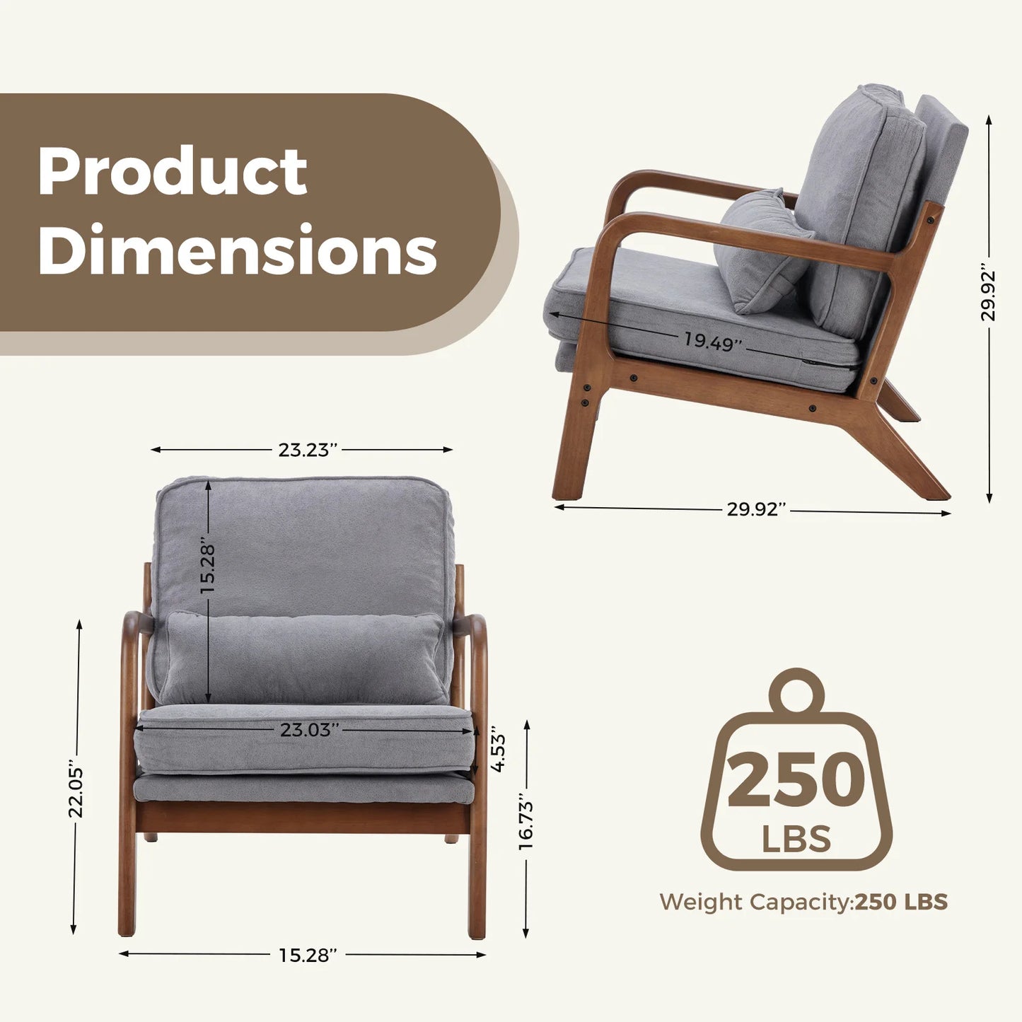 JHK Mid Century Modern Wood Chair With Armrests And Cushion