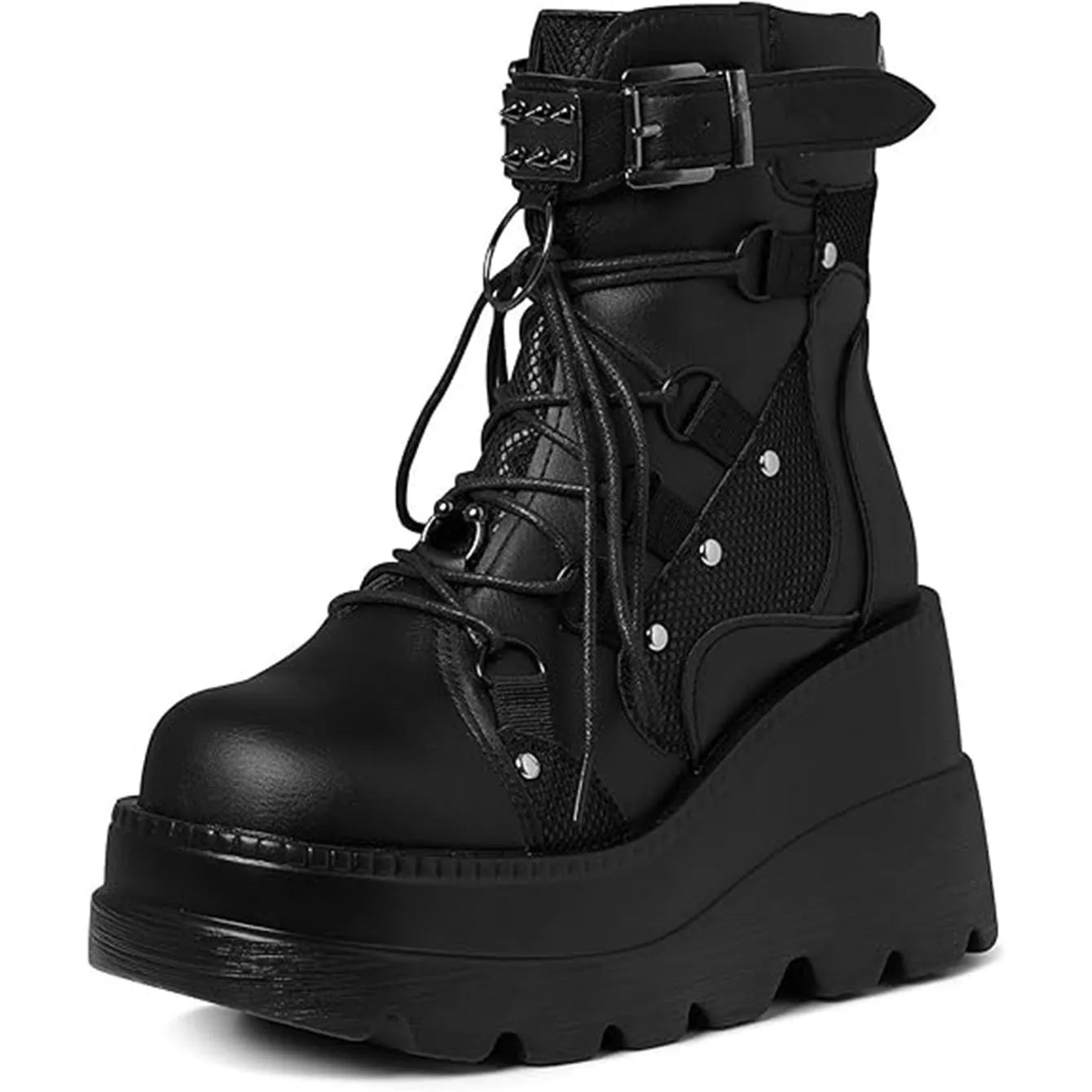 GIGIFOX Women Gothic Wedge Combat Boots Buckle Lace Up Zipper