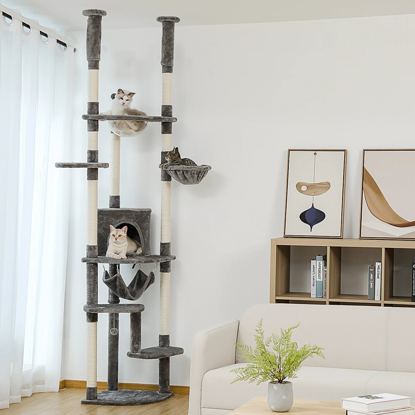 PEQULTI Cat Tree Tower With Acrylic Perch Hammocks Five Tiers Indoor Cats