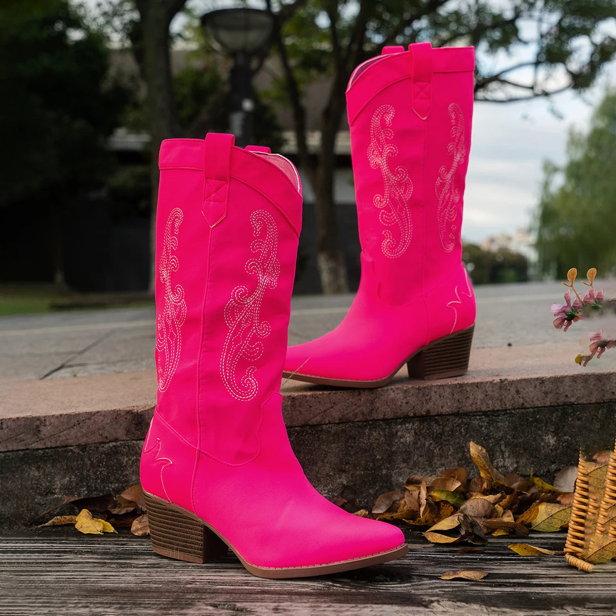 Velvet Knee High Western Embroidered Boots for Women