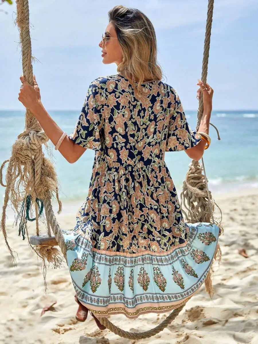 Boho Floral Print V-Neck Short Sleeve Mini Dress With Button