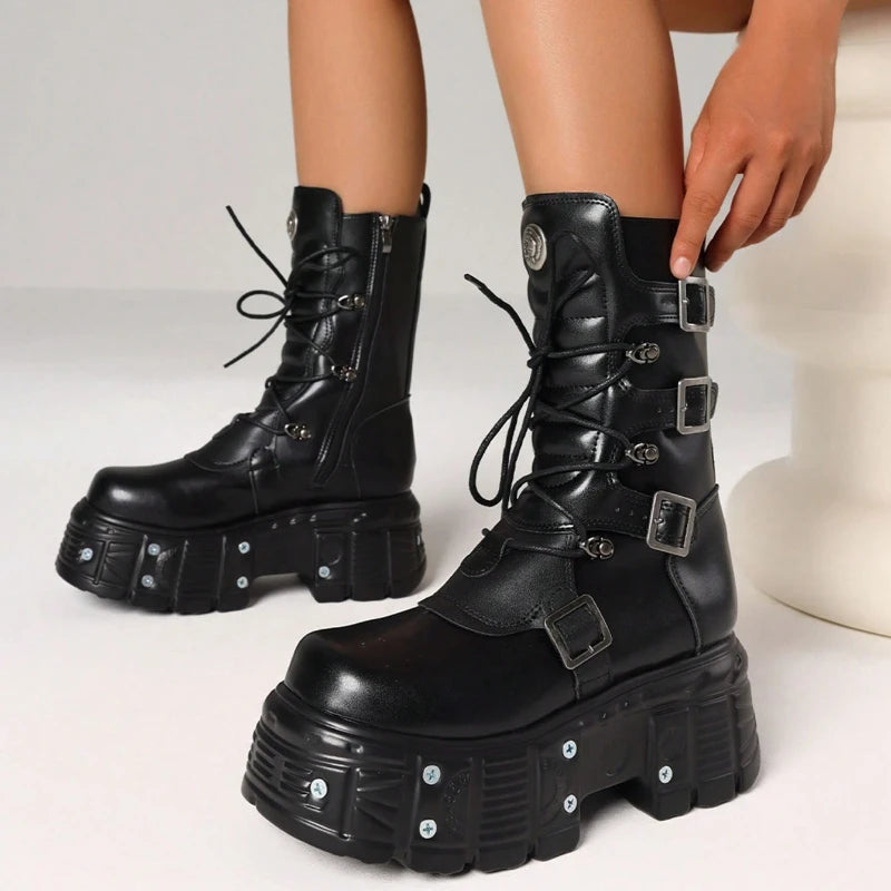 Womens Gothic Platform Combat Boots With Chunky Heels Zip Buckle