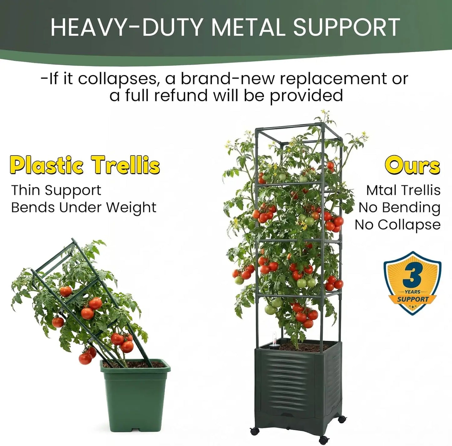 Self-Watering Tomato Planter With Wheels Metal Trellis And Water Indicator