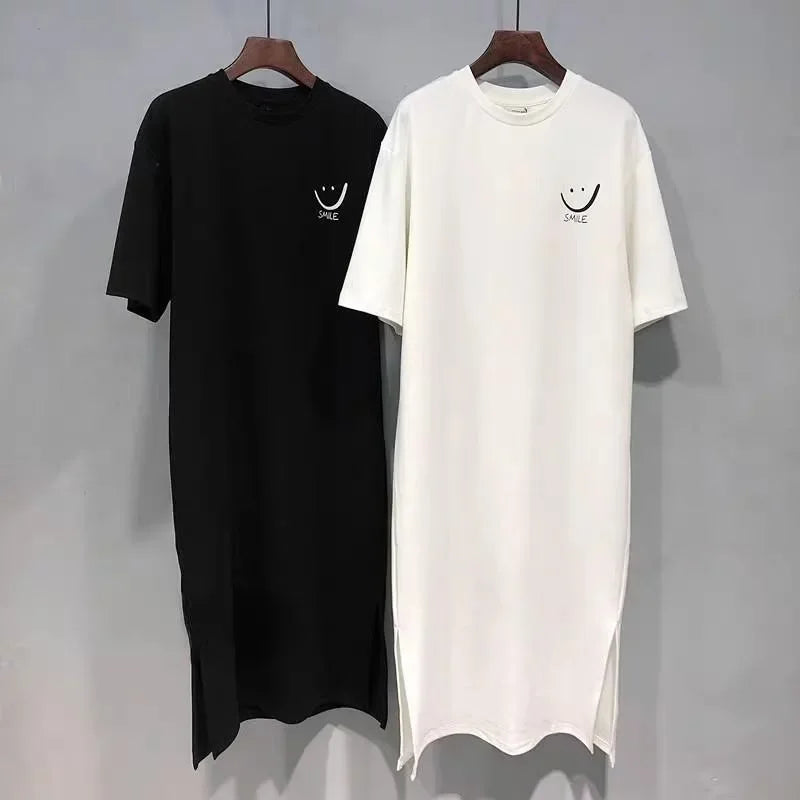 Summer Smiley Side Slit T Shirt Dress For Women Casual
