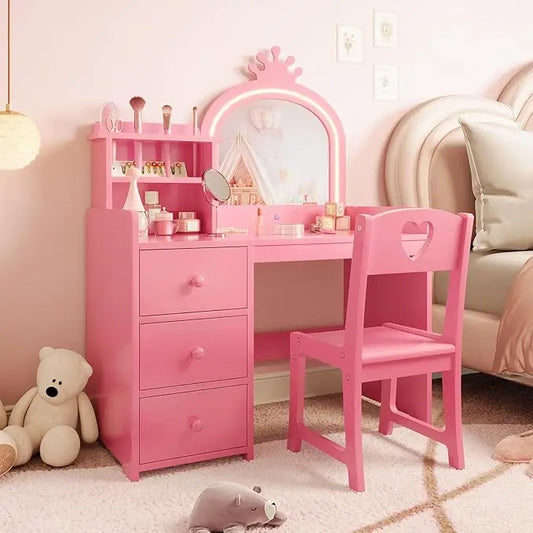 HiMISS Kids Vanity With Lights, Makeup Desk And Chair Set