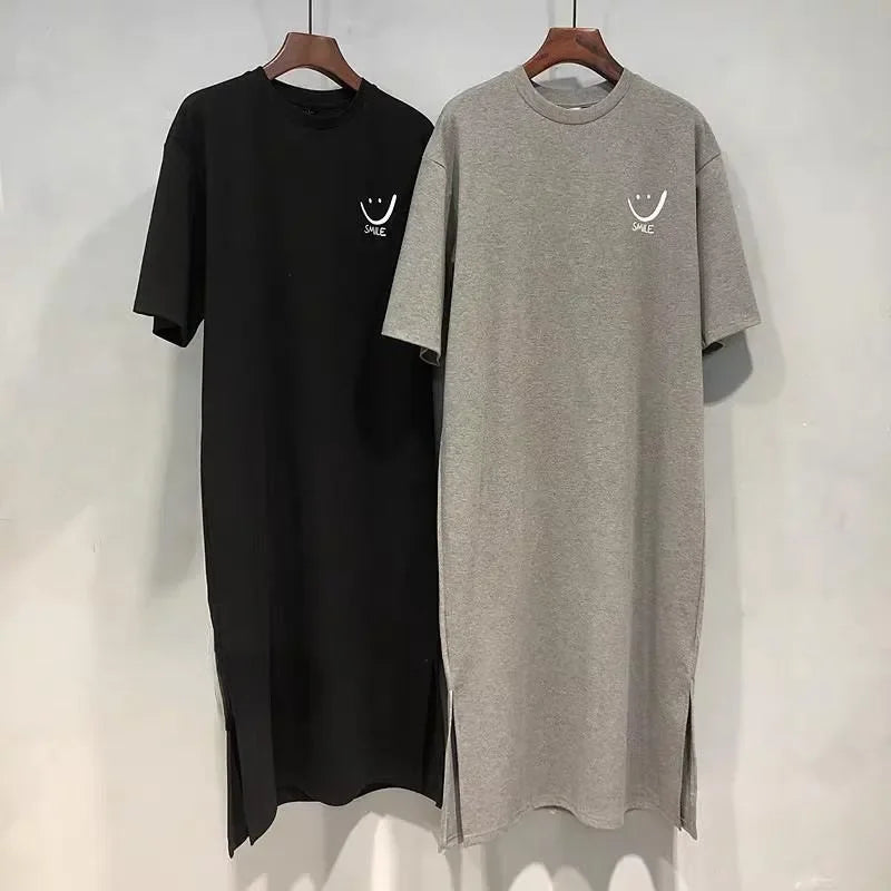 Summer Smiley Side Slit T Shirt Dress For Women Casual