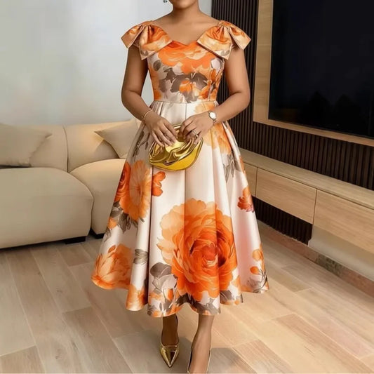 French Orange Blossom Print Dress With Ruffled Neckline Vacation Style