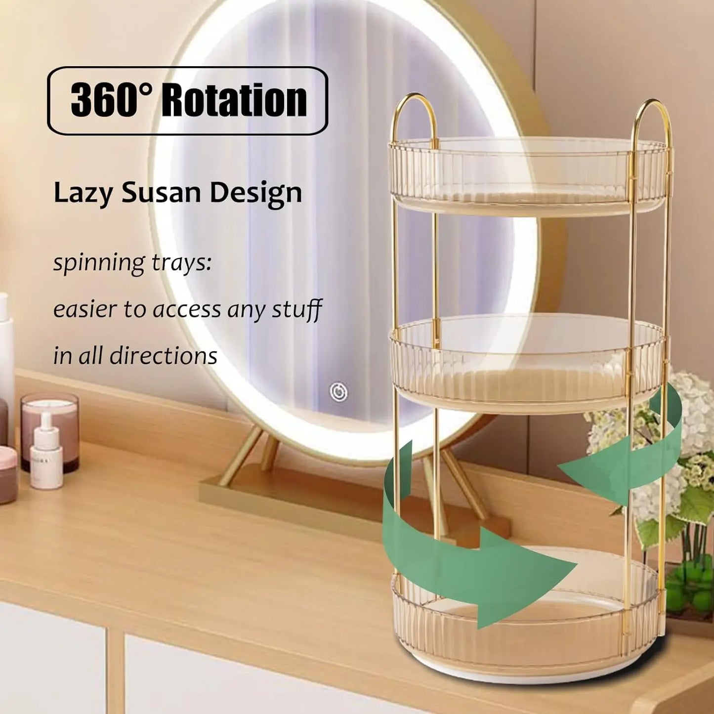 Rotating Makeup Organizer Vanity 3 Tier High Capacity Cosmetic Storage