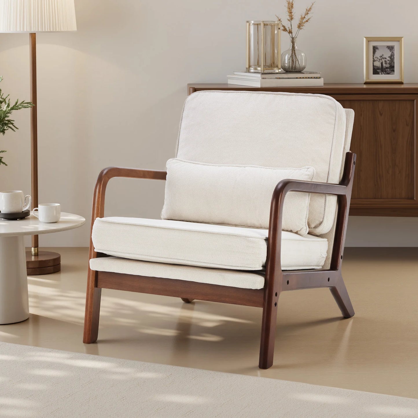 JHK Mid Century Modern Wood Chair With Armrests And Cushion