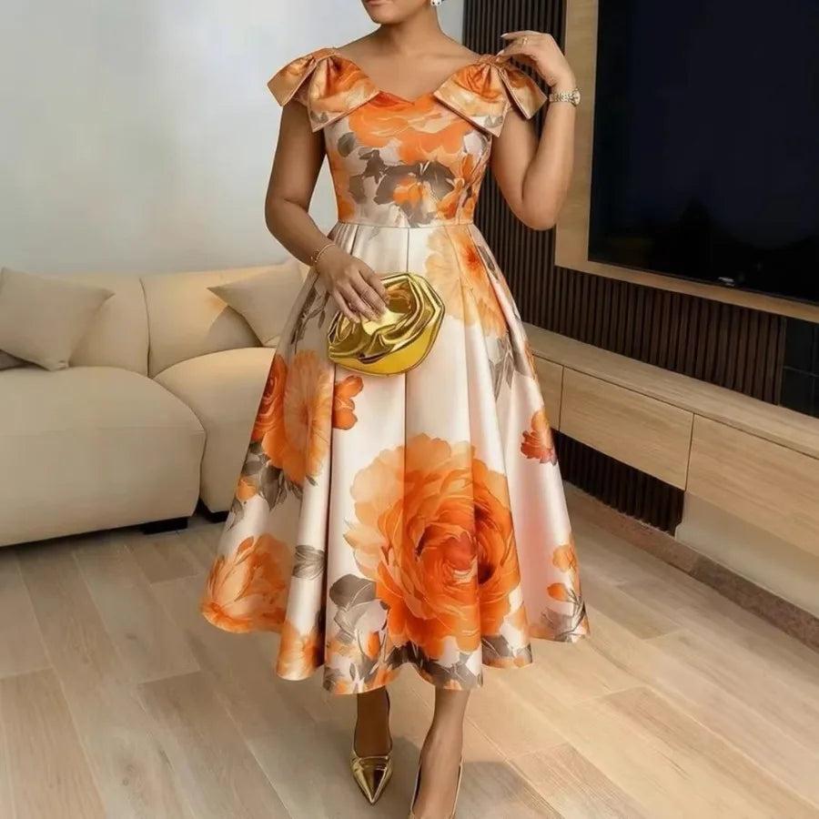 French Orange Blossom Print Dress With Ruffled Neckline Vacation Style