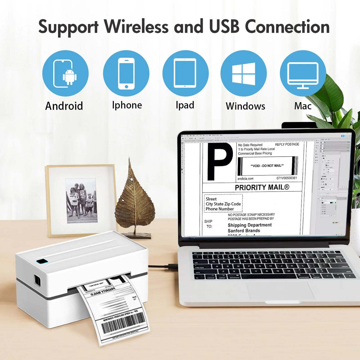 Thermal Label Printer Portable No Ink 203DPI Bluetooth USB