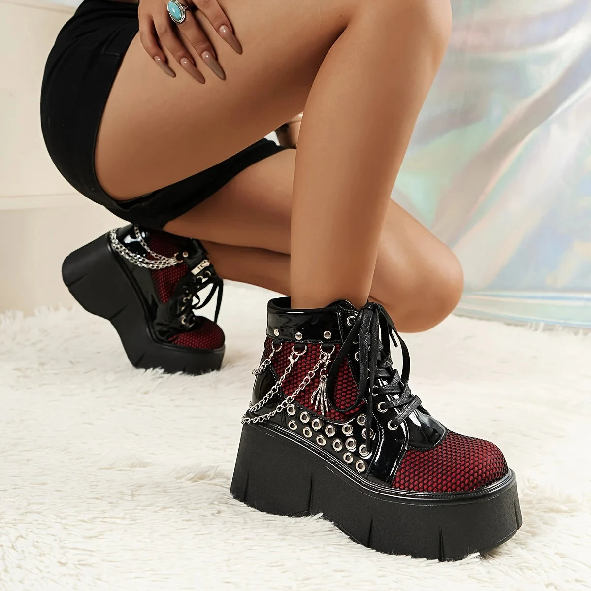 Women's Y2K Punk Goth Platform Ankle Boots With Chain Detail