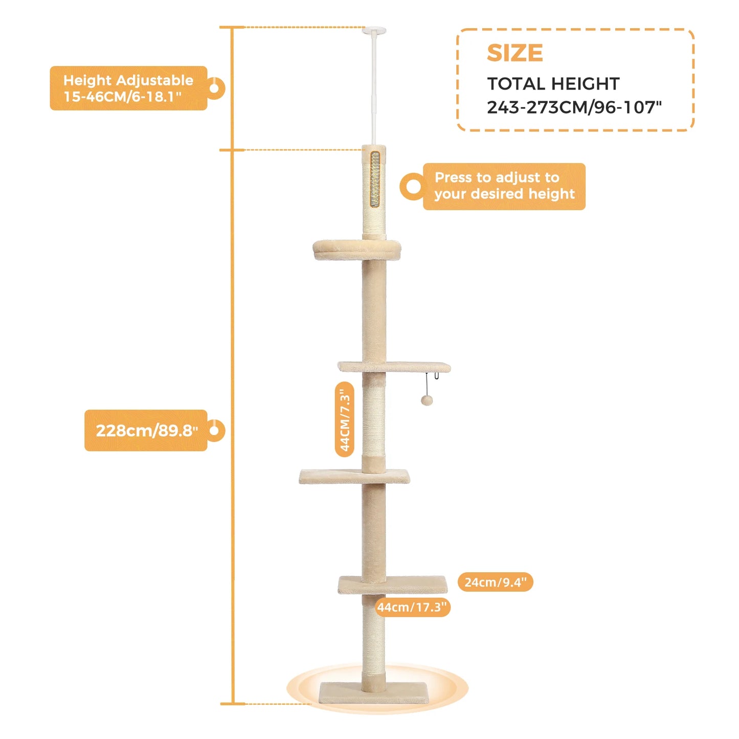PEQULTI Adjustable Height Cat Tree Indoor Scratching Posts For Cats
