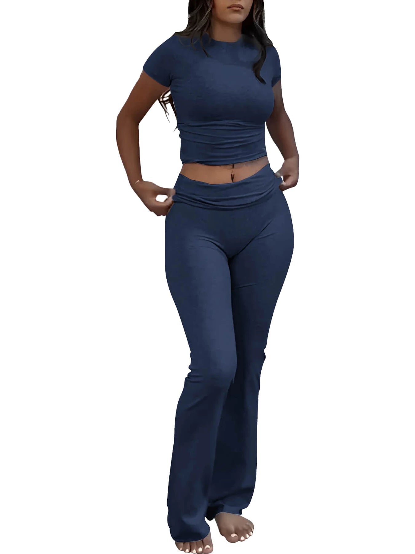 Womens Two Piece Yoga Set With Short Sleeve Flared Pants