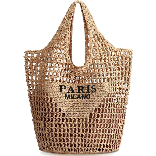 Women Straw Beach Tote Handmade Woven Summer Mesh Shoulder Bag