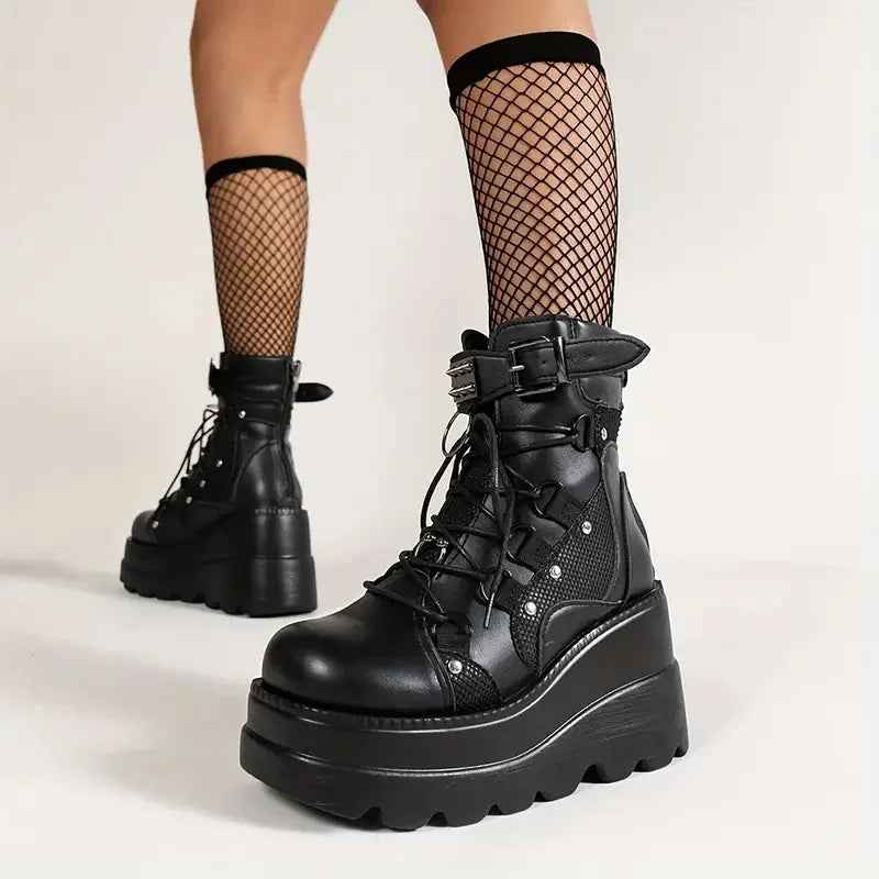 GIGIFOX Women Gothic Wedge Combat Boots Buckle Lace Up Zipper