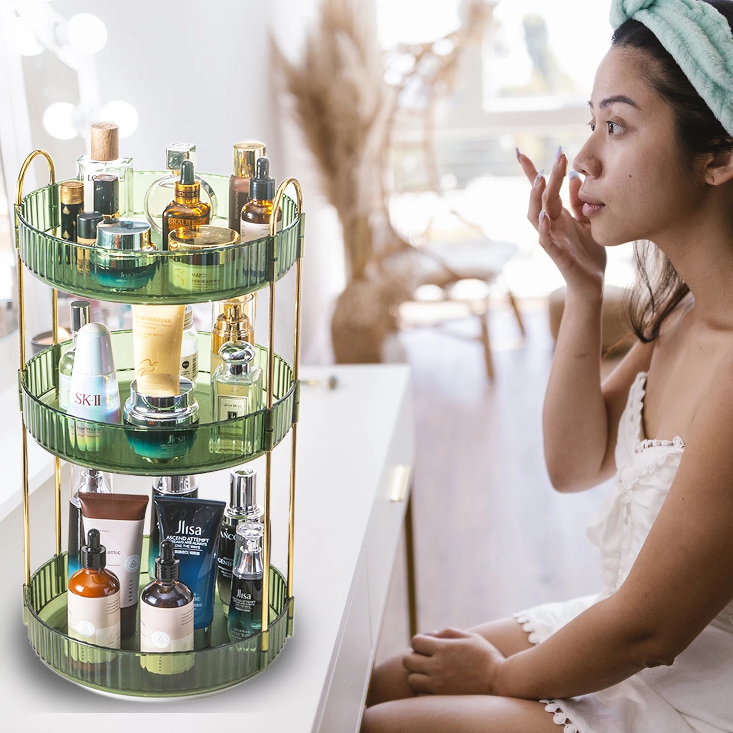 Rotating Makeup Organizer Vanity 3 Tier High Capacity Cosmetic Storage