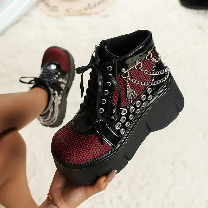 Women's Y2K Punk Goth Platform Ankle Boots With Chain Detail