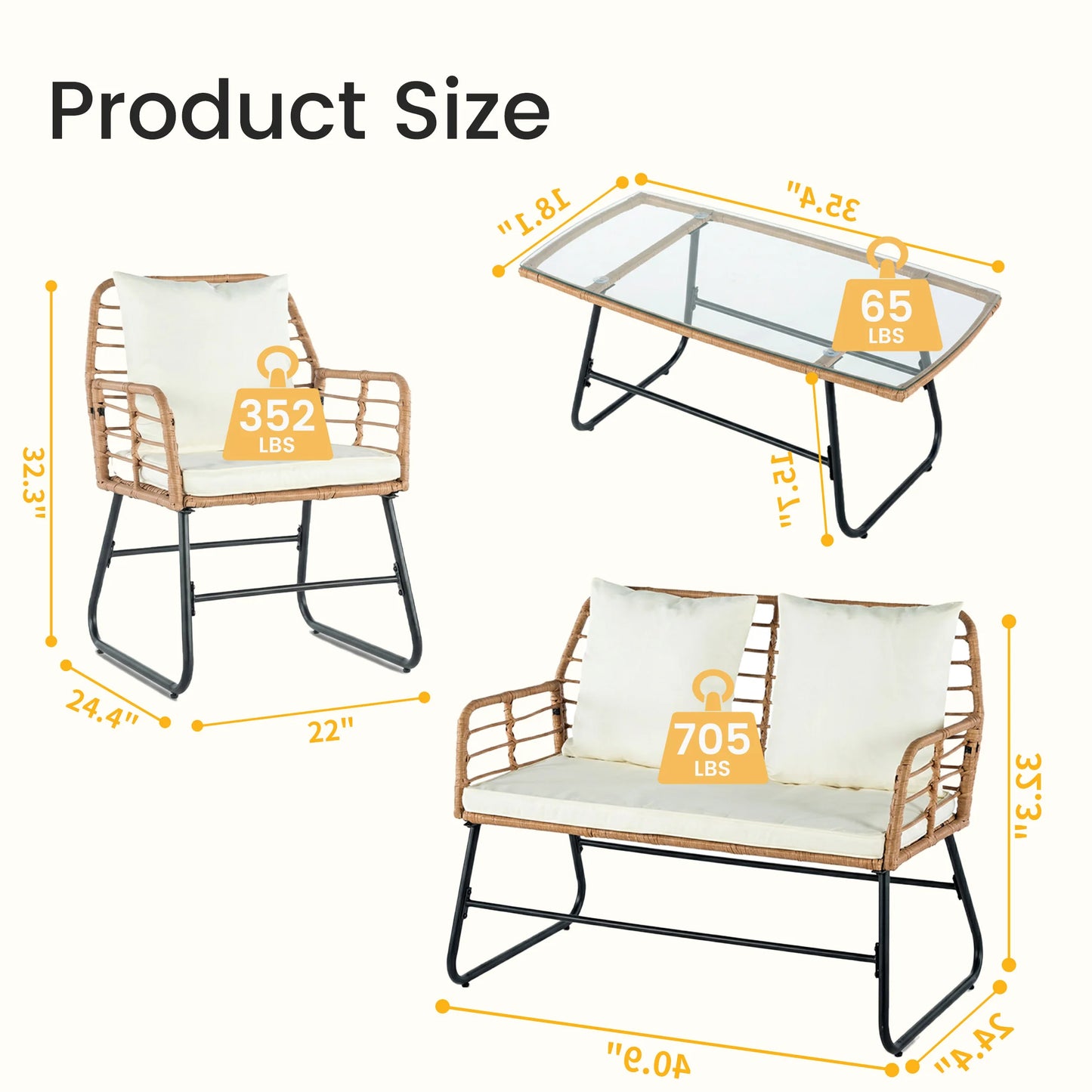 Outdoor Wicker Patio Furniture Set 4 Pieces With Glass Table