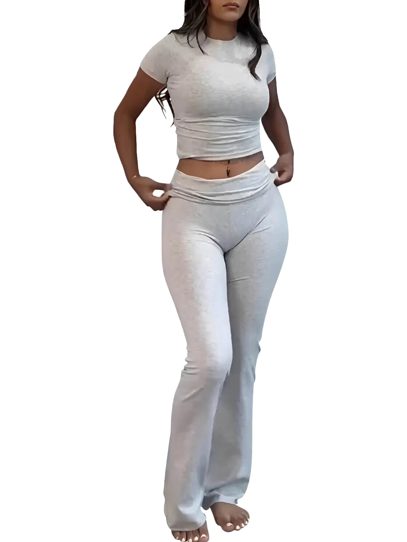 Womens Two Piece Yoga Set With Short Sleeve Flared Pants