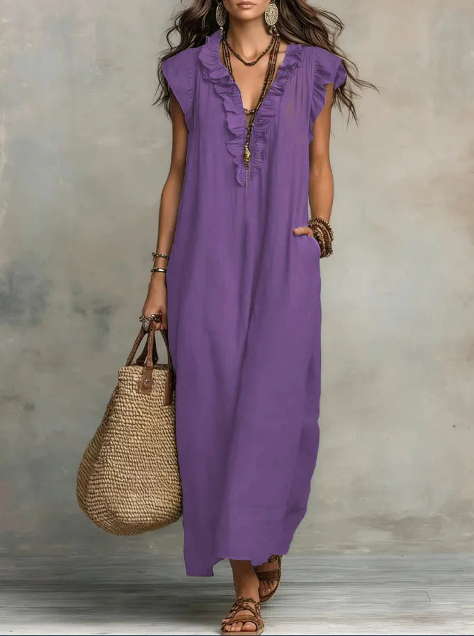Women's Retro Bohemian Linen Maxi Dress With Ruffle V-Neck