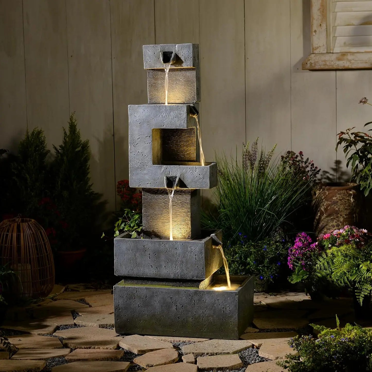 Tree Trunk Outdoor Resin Waterfall Fountain With LED Lights