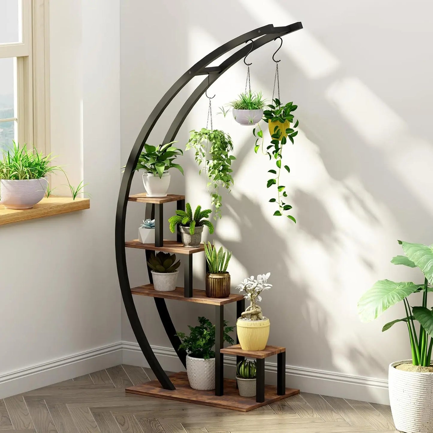 TWISTER.CK Five Tier Half Moon Metal Plant Stand Indoor Garden