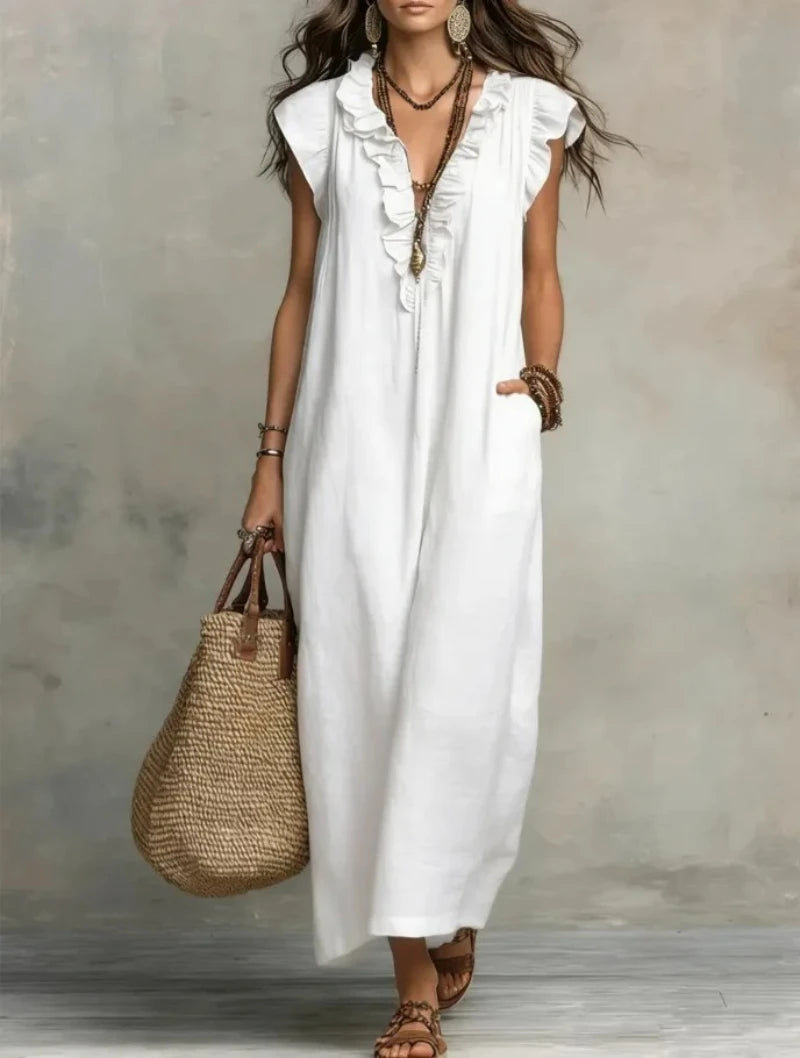 Women's Retro Bohemian Linen Maxi Dress With Ruffle V-Neck