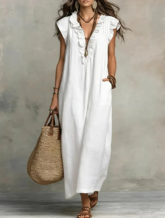 Women's Retro Bohemian Linen Maxi Dress With Ruffle V-Neck