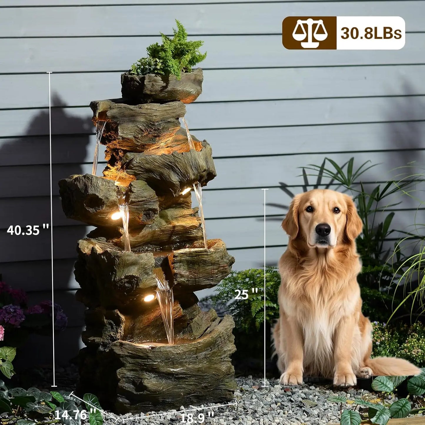 Tree Trunk Outdoor Resin Waterfall Fountain With LED Lights