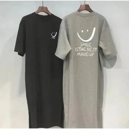 Summer Smiley Side Slit T Shirt Dress For Women Casual