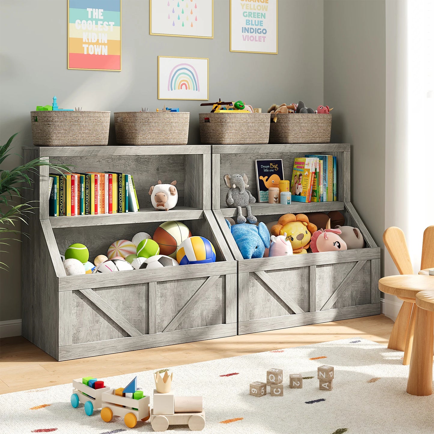 Wooden Kids Bookshelf Toy Storage Organizer For Playroom
