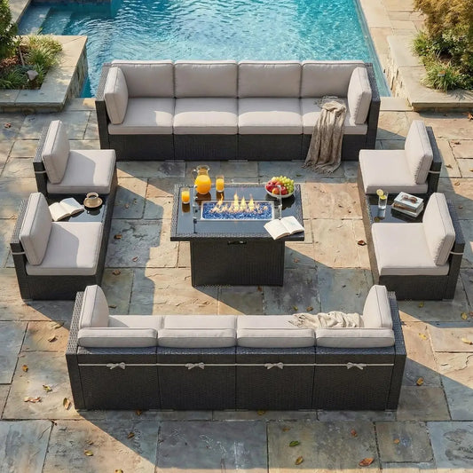 Patio Furniture Set With Fire Pit Table And Wicker Sofa