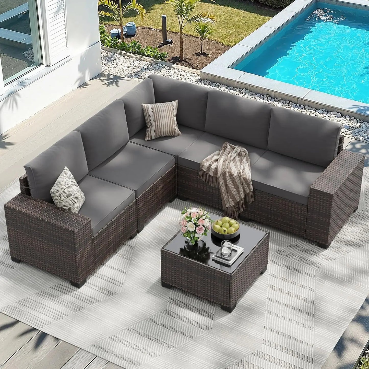XIAOLANG All Weather Patio Furniture Set Six Piece Wicker Table