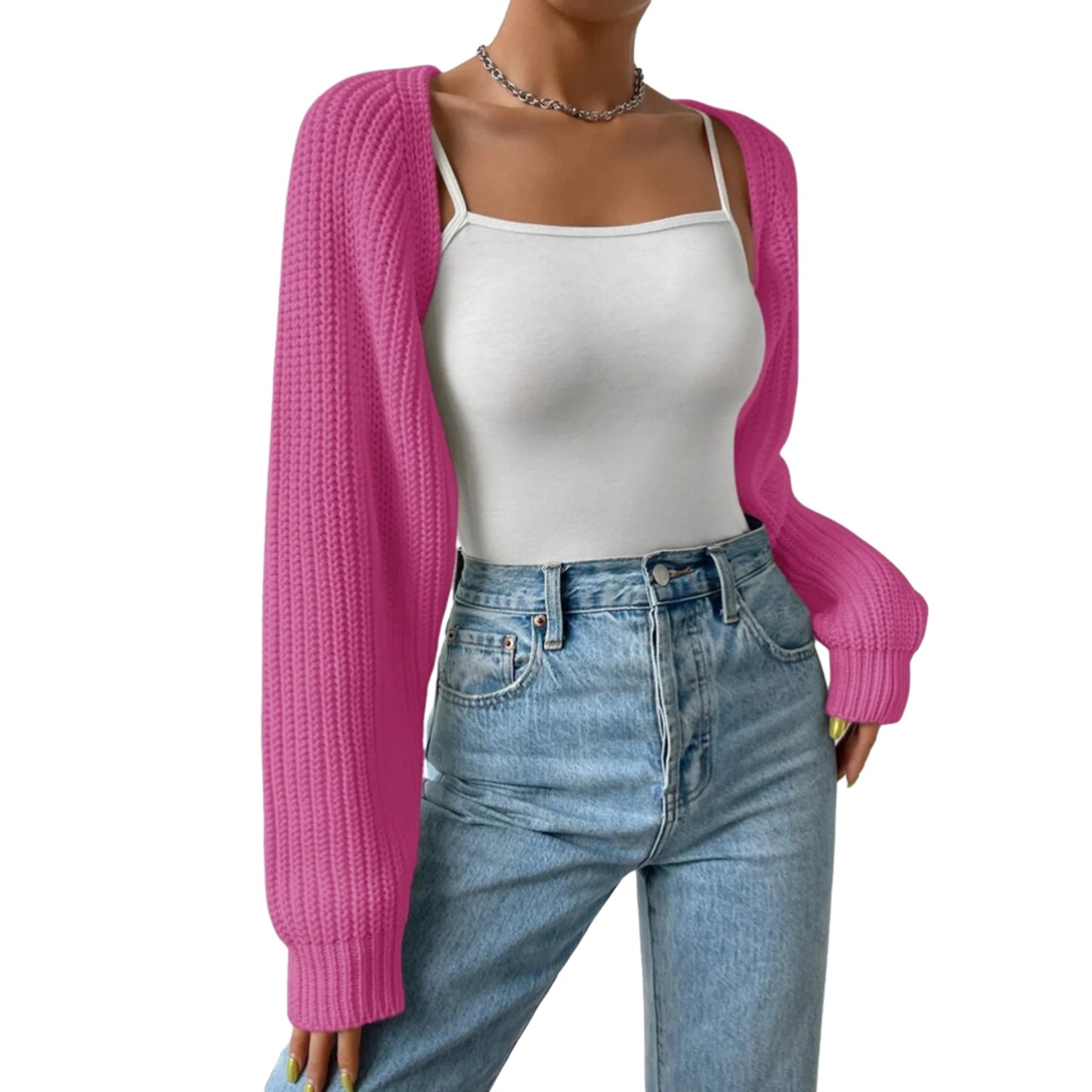 Hirigin Women Open Front Cropped Cardigan Long Sleeve Ribbed Knit Shrug