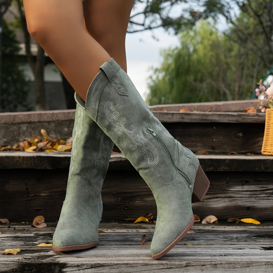 Velvet Knee High Western Embroidered Boots for Women