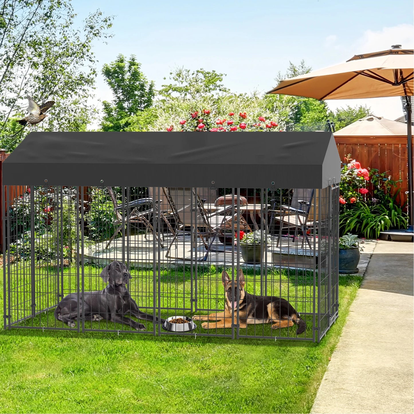 BINGOPAW Outdoor Dog Kennel Welded Wire Galvanized Weatherproof Canopy