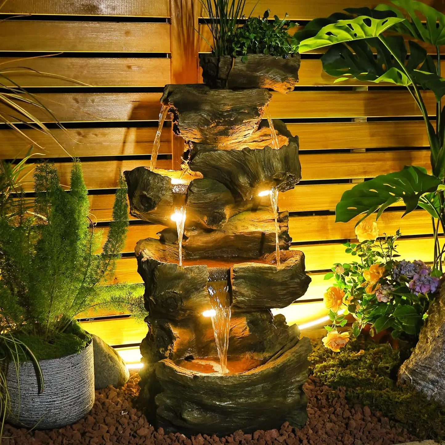 Tree Trunk Outdoor Resin Waterfall Fountain With LED Lights