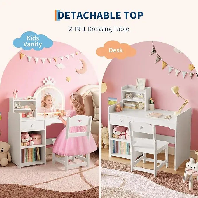 HiMISS Kids Vanity With Lights 2 In 1 Makeup DeskSet