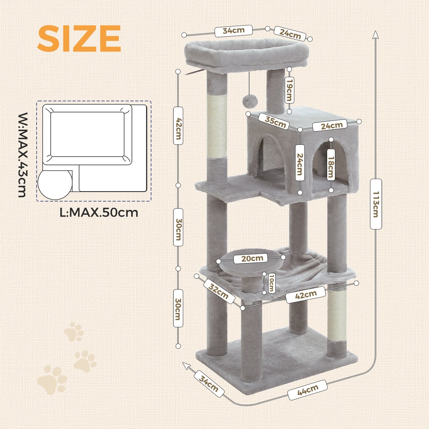 PAWZ Road Multi-Level Cat Tree With Sisal Posts And Hammock