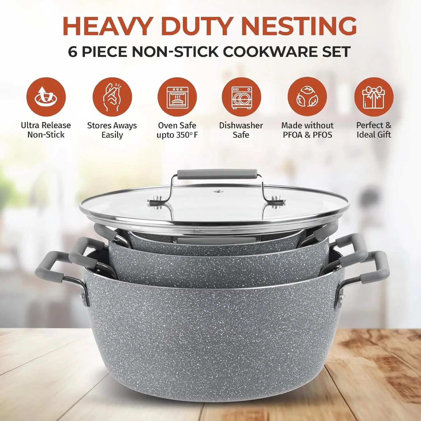 Nonstick Stackable Pots Set With Lids Space Saving Granite Coating