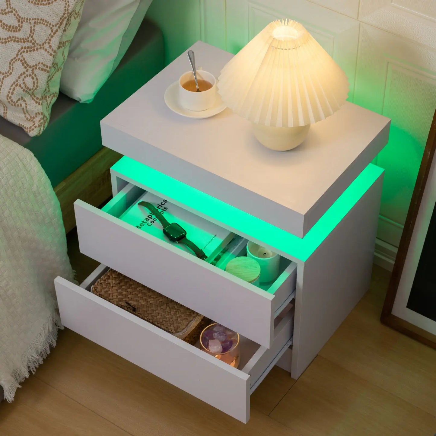 Cubehom LED Nightstands With 2 Drawers And RGB Lights For Bedroom