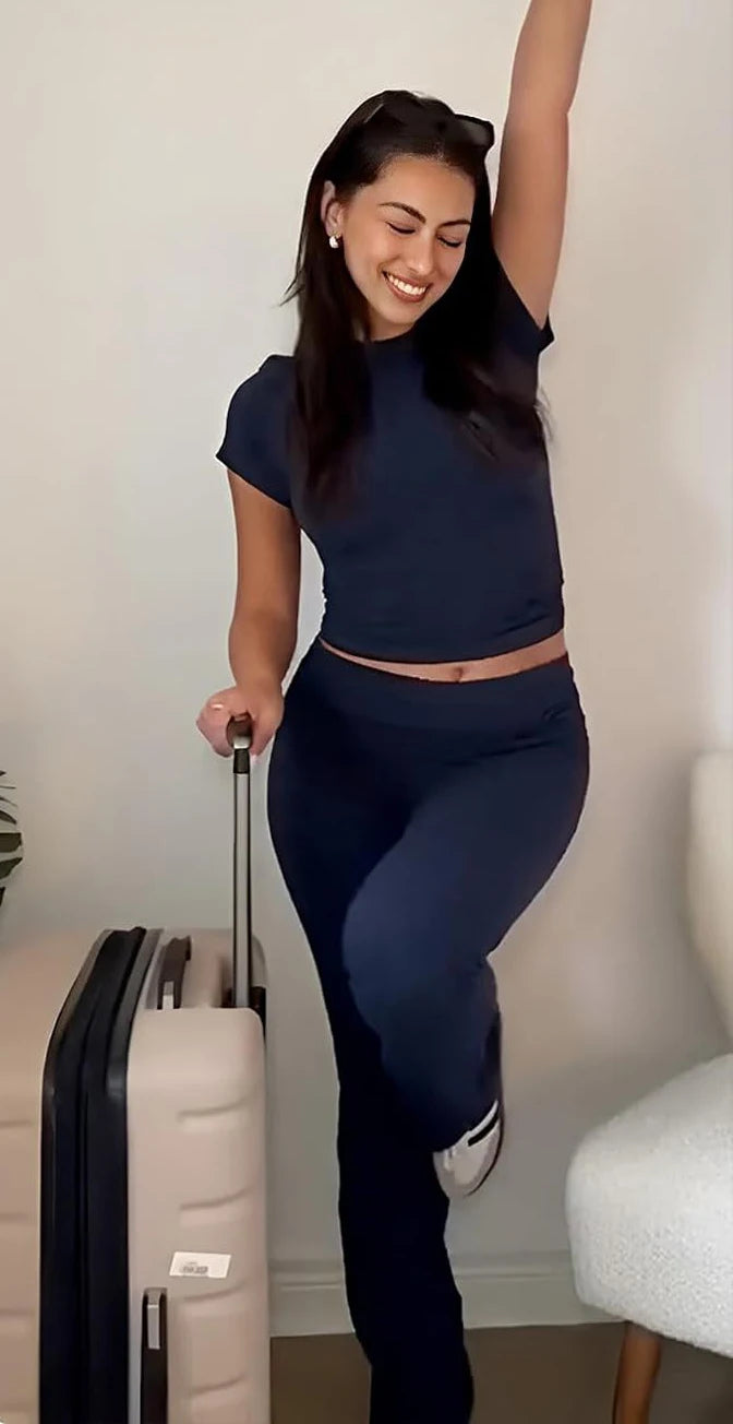 Womens Two Piece Yoga Set With Short Sleeve Flared Pants