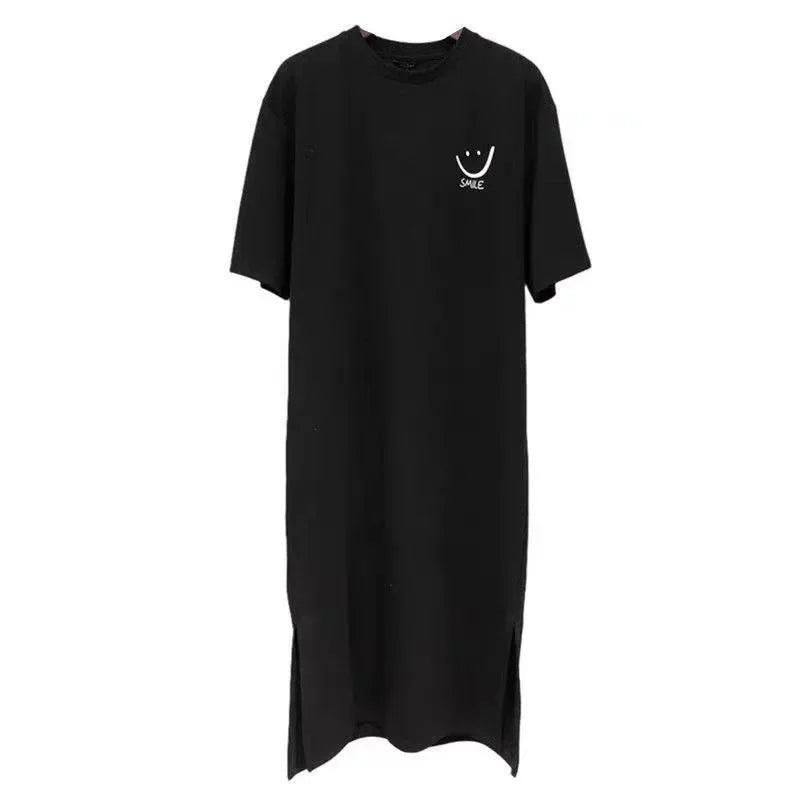 Summer Smiley Side Slit T Shirt Dress For Women Casual