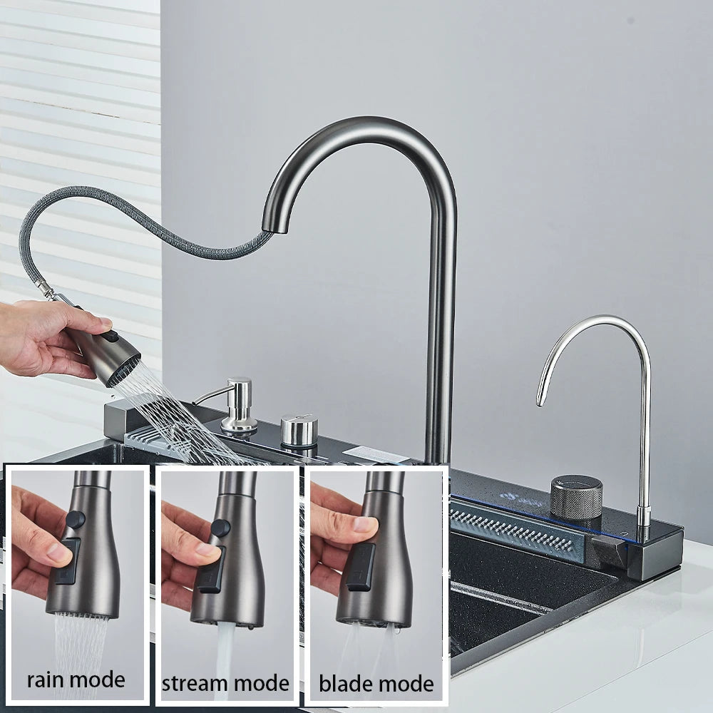 Multifunctional Kitchen Waterfall Sink With Digital Display 304 Stainless Steel