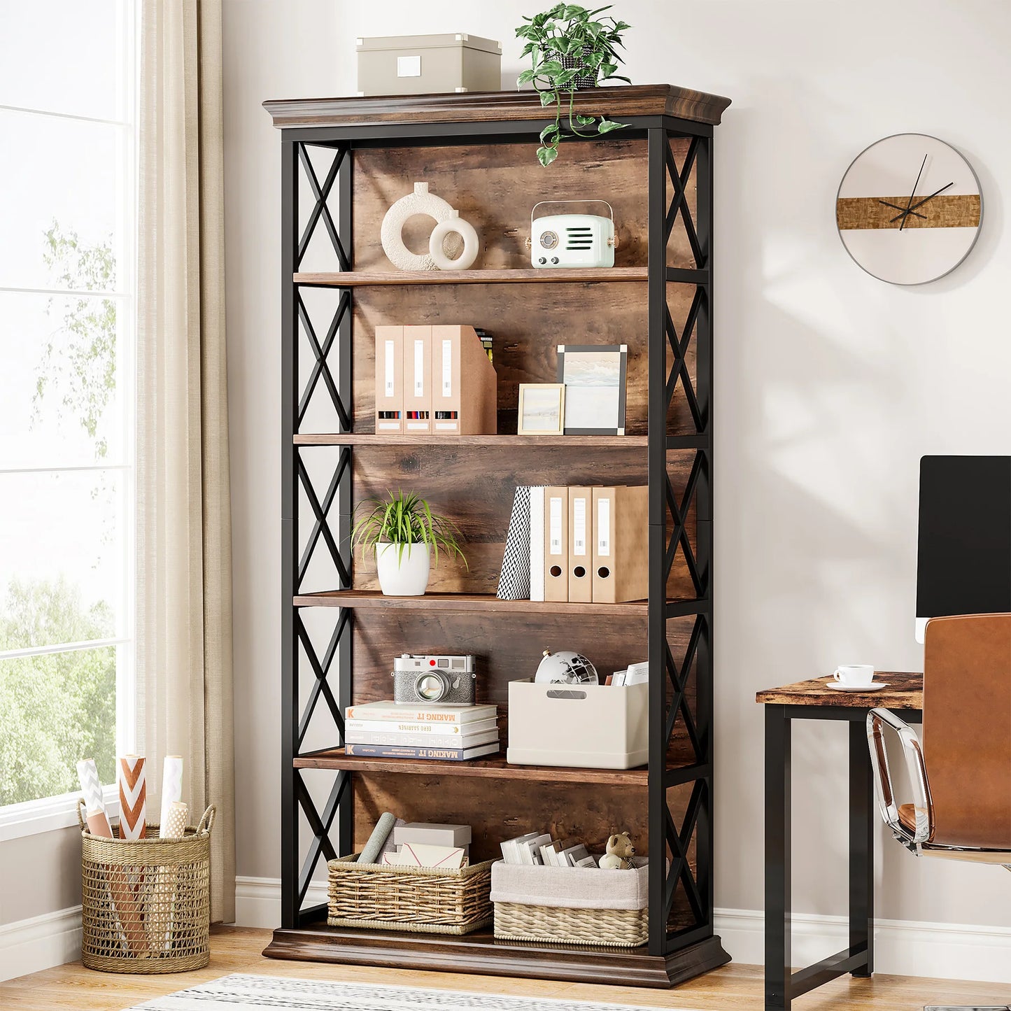 Tribesigns 5 Tier Bookcase Industrial Wood Shelves Floor Standing