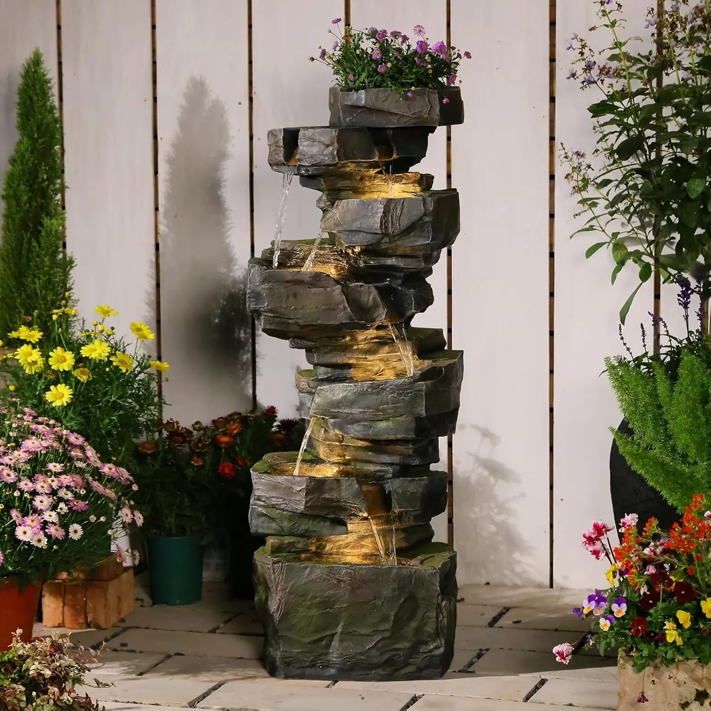 Tree Trunk Outdoor Resin Waterfall Fountain With LED Lights