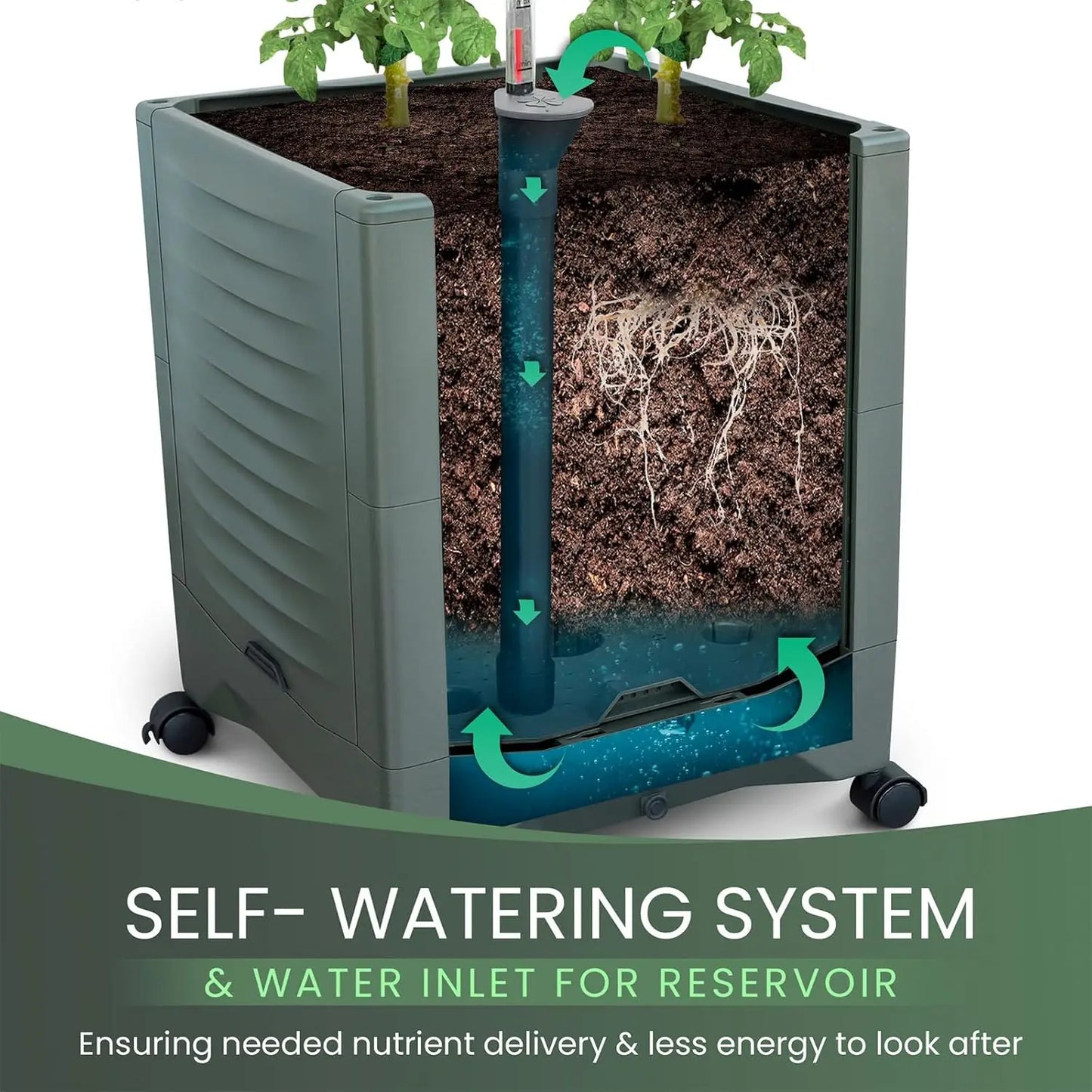 Self-Watering Tomato Planter With Wheels Metal Trellis And Water Indicator
