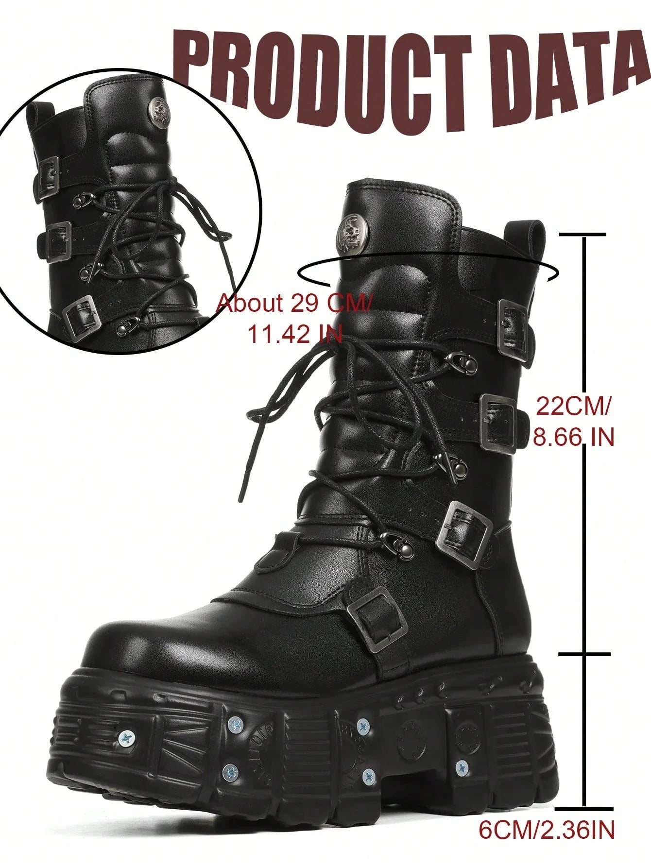 Womens Gothic Platform Combat Boots With Chunky Heels Zip Buckle